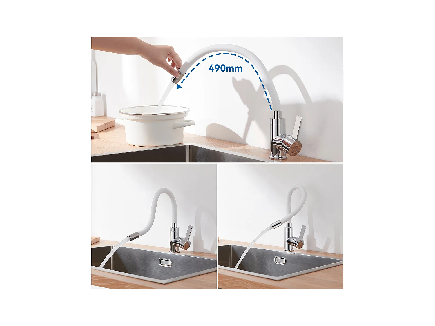 Évier Cuisine 1 Bac 55*45CM Noir+Robinet de Cuisine Flexible Bec Haut Orientable Librement Mitigeur Évier Laiton Eau Chaude et Froide Blanc