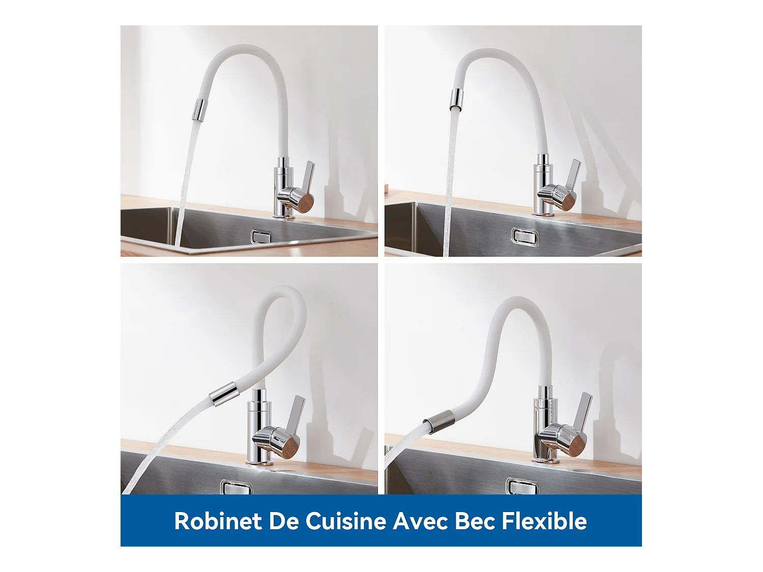 Évier Cuisine 1 Bac 55*45CM Noir+Robinet de Cuisine Flexible Bec Haut Orientable Librement Mitigeur Évier Laiton Eau Chaude et Froide Blanc