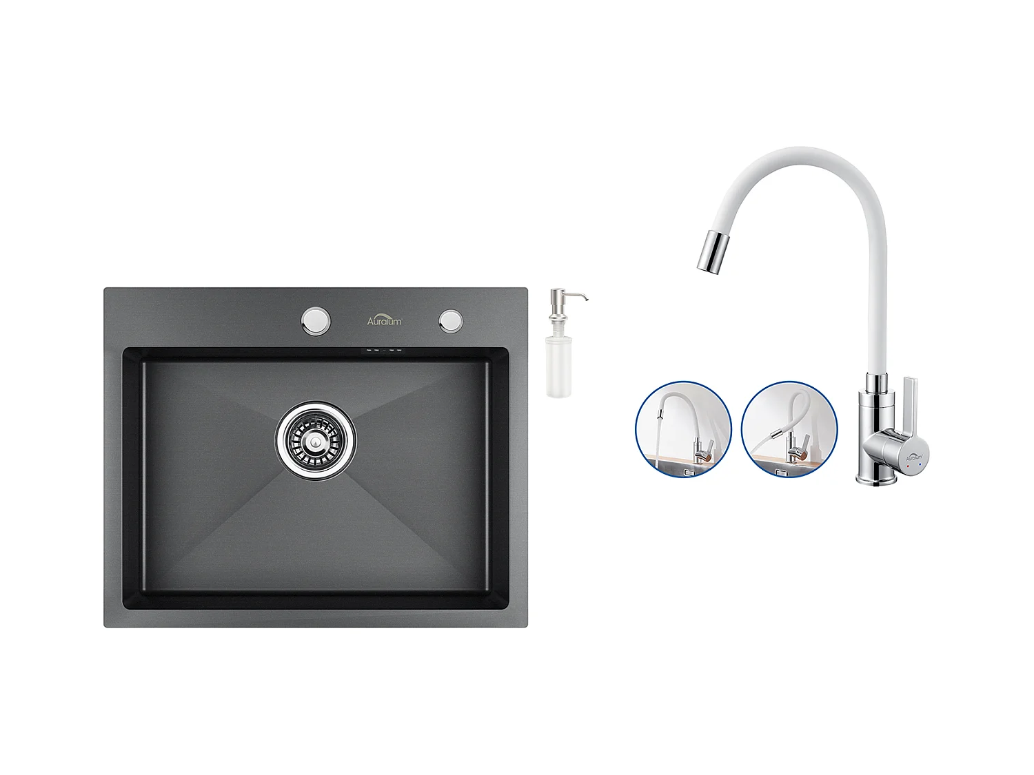 Évier Cuisine 1 Bac 55*45CM Noir+Robinet de Cuisine Flexible Bec Haut Orientable Librement Mitigeur Évier Laiton Eau Chaude et Froide Blanc