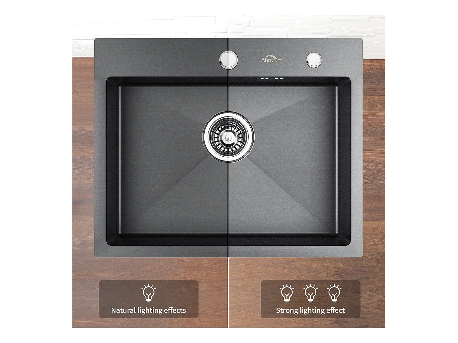 Évier Cuisine 1 Bac 55*45CM Noir+Robinet de Cuisine Flexible Bec Haut Orientable Librement Mitigeur Évier Laiton Eau Chaude et Froide Blanc