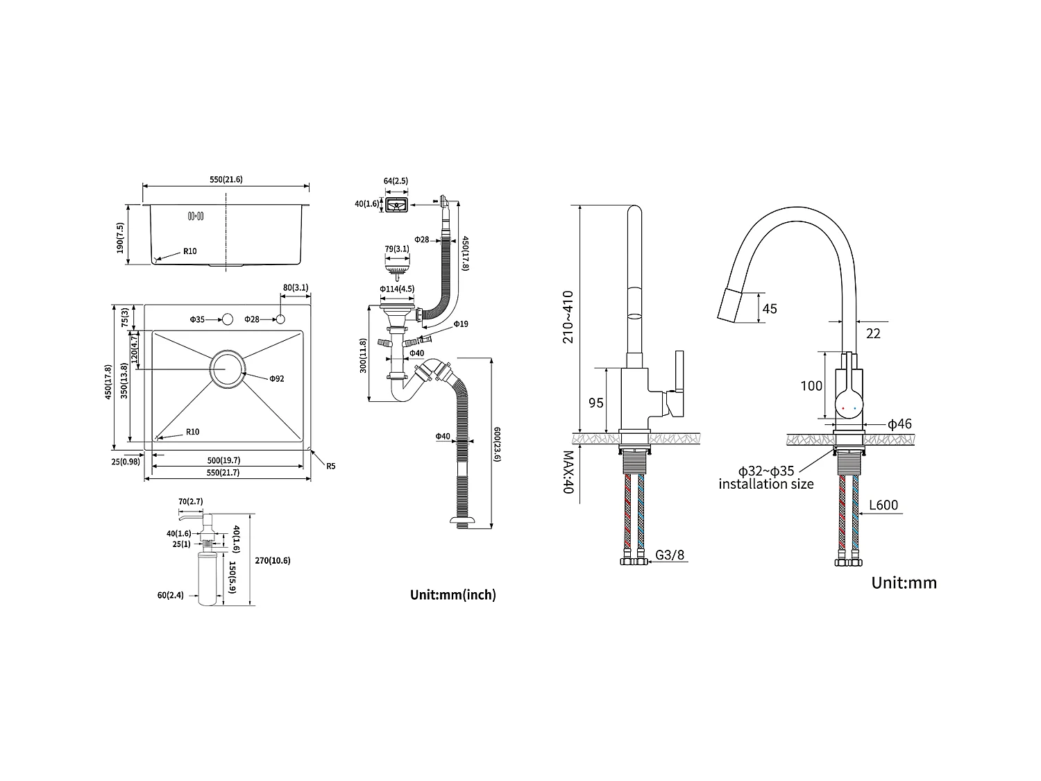 Évier Cuisine 1 Bac 55*45CM Noir+Robinet de Cuisine Flexible Bec Haut Orientable Librement Mitigeur Évier Laiton Eau Chaude et Froide Blanc