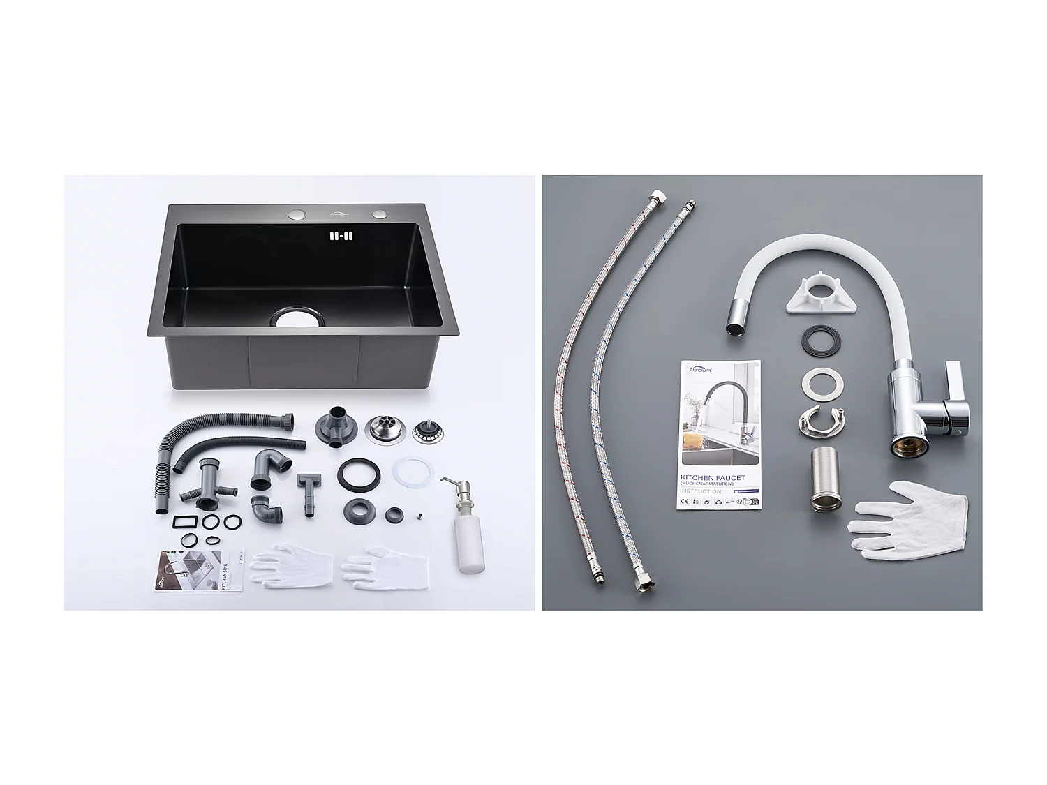 Évier Cuisine 1 Bac 55*45CM Noir+Robinet de Cuisine Flexible Bec Haut Orientable Librement Mitigeur Évier Laiton Eau Chaude et Froide Blanc