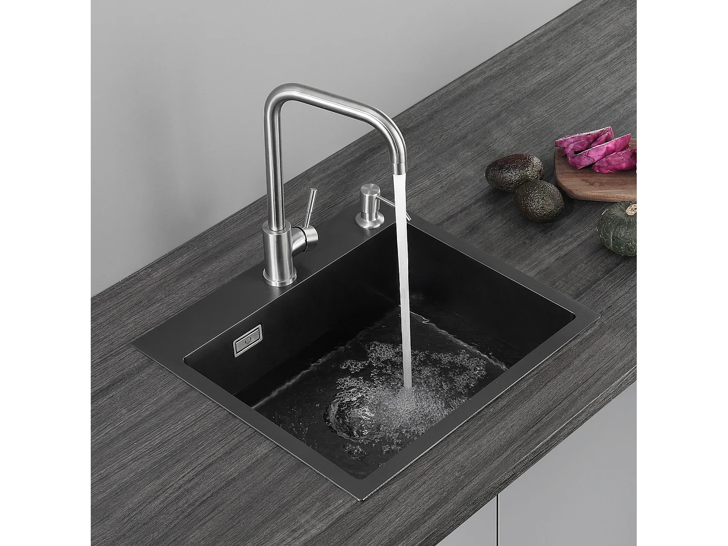 Cecipa max Evier Cuisine 1 Bac Évier Inox 1 Cuve avec Siphon et Trop-Plein Évier de Cuisine en Couleur Noir Anthracite 50×45×18.5CM,EU Modèle