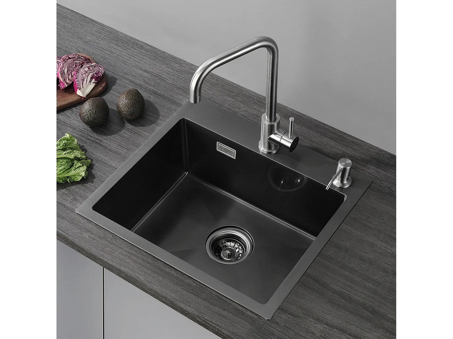 Cecipa max Evier Cuisine 1 Bac Évier Inox 1 Cuve avec Siphon et Trop-Plein Évier de Cuisine en Couleur Noir Anthracite 50×45×18.5CM,EU Modèle