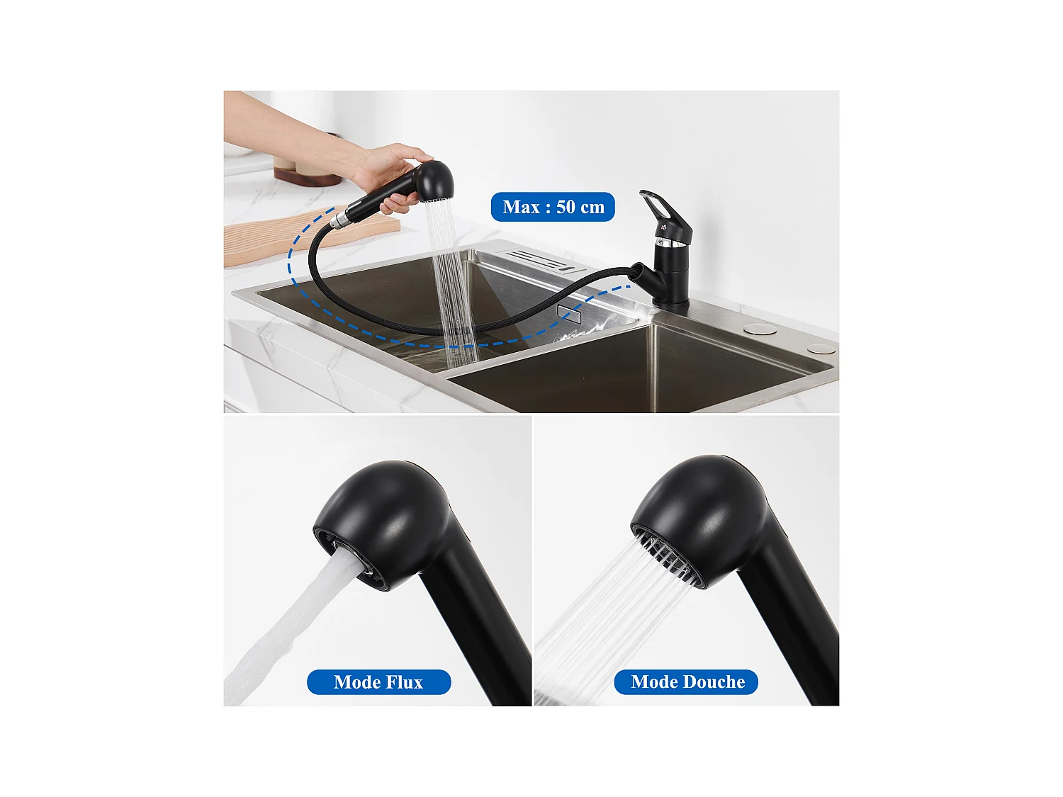 Auralum Max Fregadero Cocina 1 Bandeja 60*44*20CM,inoxidable,empotrable con Cesta drenaje,Negro+Mezclador Cocina Ducha Extraíble Rotativa 360°,Negro