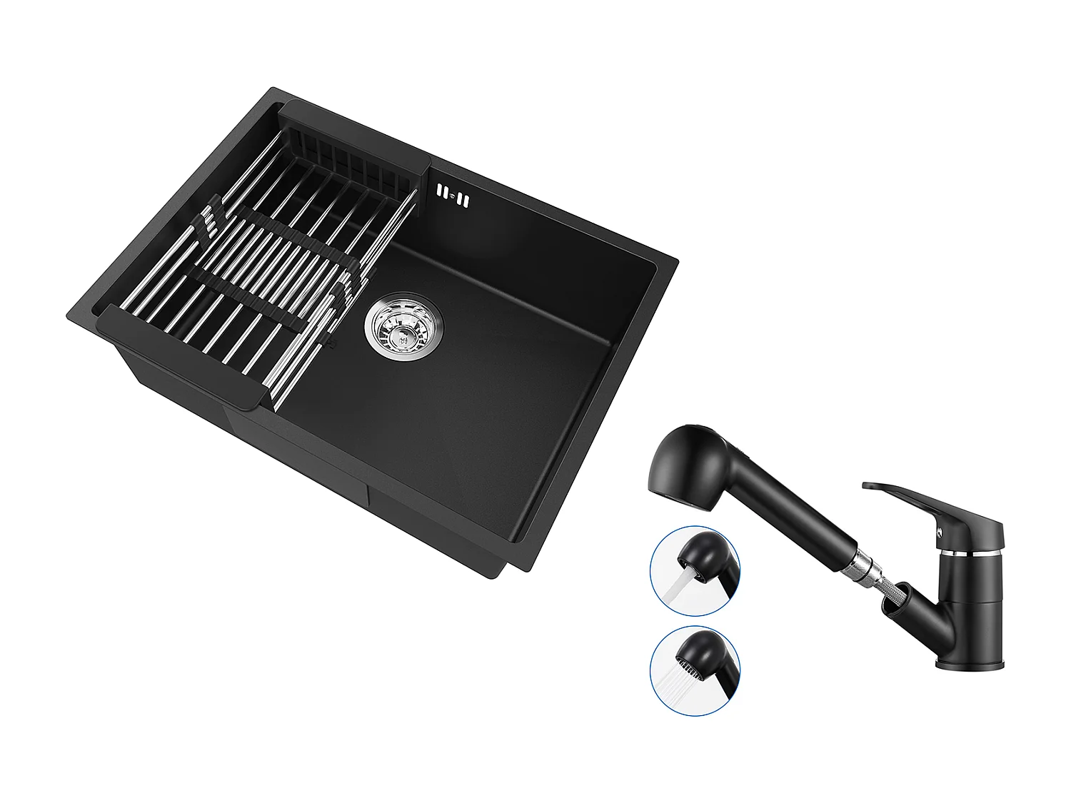 Auralum Max  Évier Cuisine 1 Bac 60*44*20CM,inox,à Encastrer avec Panier Drainage,Noir+Mitigeur Cuisine avec Douchette Extractible Rotatif 360°,Noir