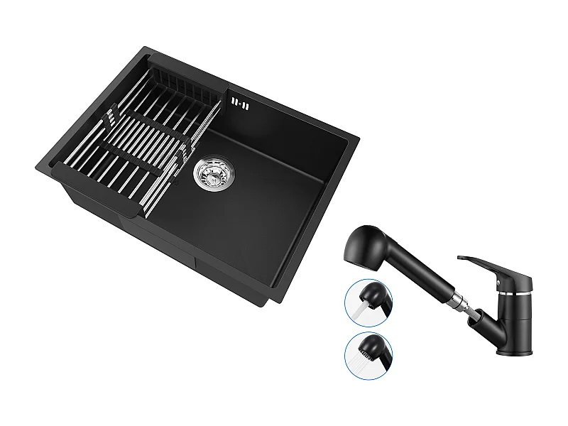 Auralum Max  Évier Cuisine 1 Bac 60*44*20CM,inox,à Encastrer avec Panier Drainage,Noir+Mitigeur Cuisine avec Douchette Extractible Rotatif 360°,Noir