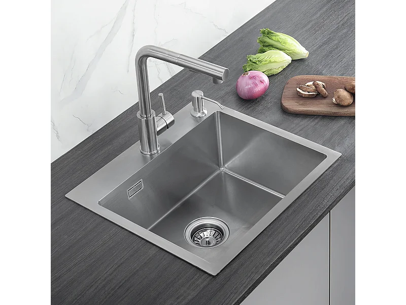 Cecipa Max Lavello da Cucina 1 Vasca Lavello da Cucina Quadrato in Acciaio Inox Spazzolato con Sifone e Troppopieno 50 x 45 x 18,5 cm, Modello UE