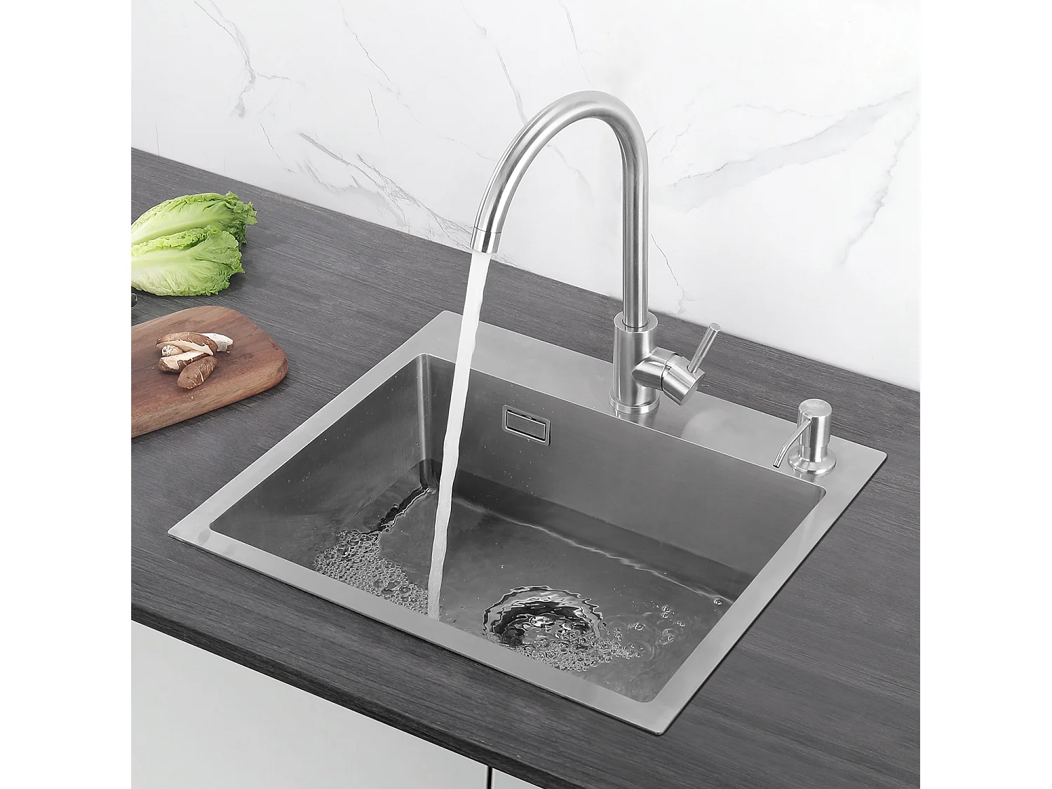 Cecipa Max Lavello da Cucina 1 Vasca Lavello da Cucina Quadrato in Acciaio Inox Spazzolato con Sifone e Troppopieno 50 x 45 x 18,5 cm, Modello UE