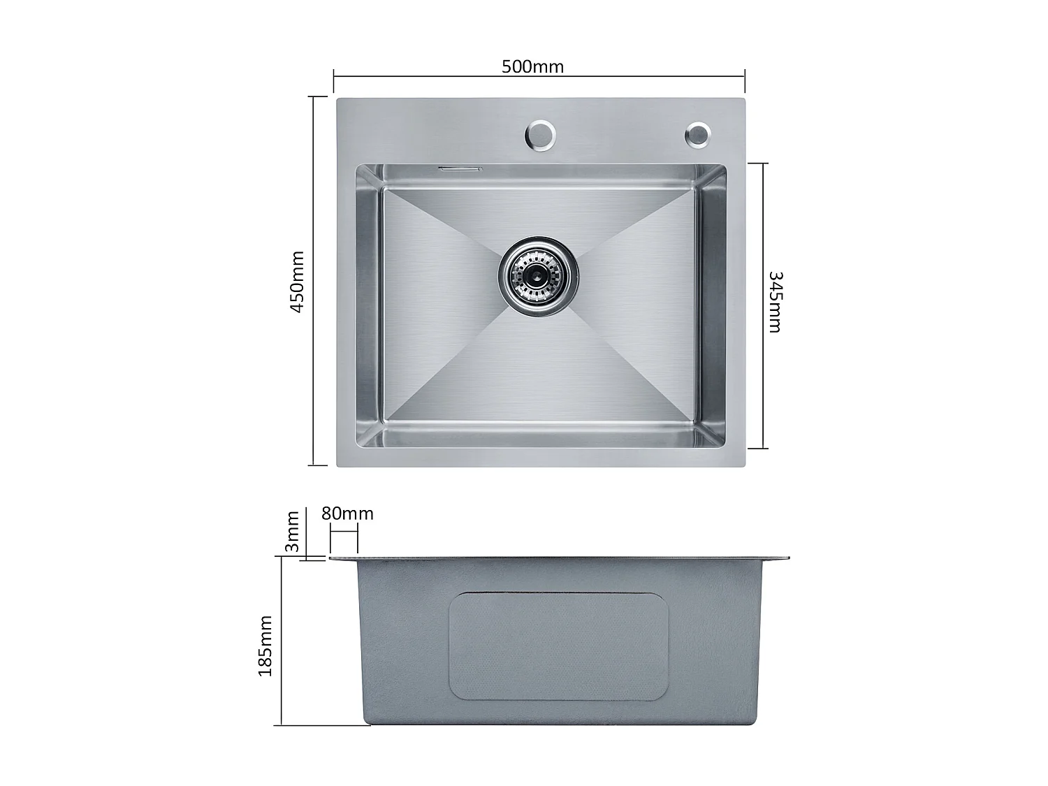 Cecipa Max Lavello da Cucina 1 Vasca Lavello da Cucina Quadrato in Acciaio Inox Spazzolato con Sifone e Troppopieno 50 x 45 x 18,5 cm, Modello UE