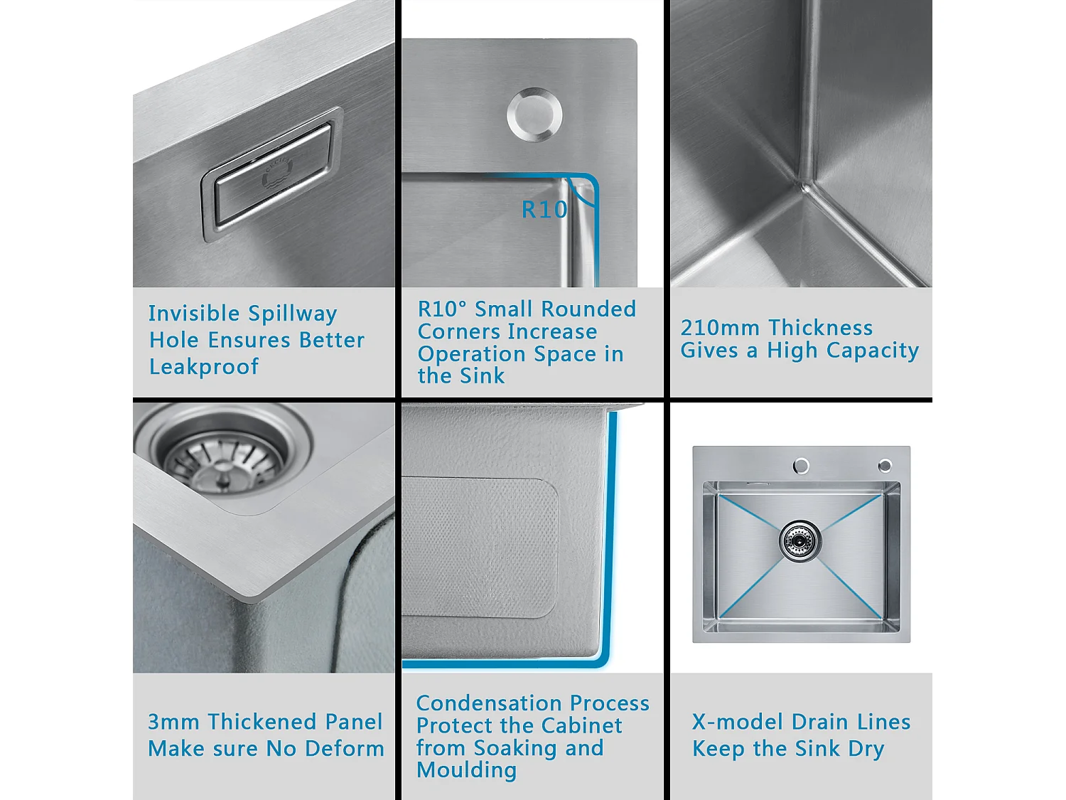 Cecipa max Évier de Cuisine 1 Bac Carré Inoxydable Brossé Évier Cuisine avec Siphon et Trop-Plein 50 x 45 x 18,5 cm,EU Modèle