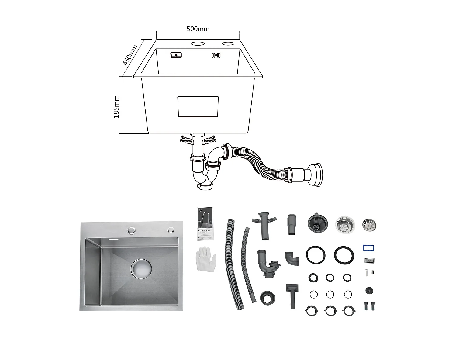 Cecipa max Évier de Cuisine 1 Bac Carré Inoxydable Brossé Évier Cuisine avec Siphon et Trop-Plein 50 x 45 x 18,5 cm,EU Modèle