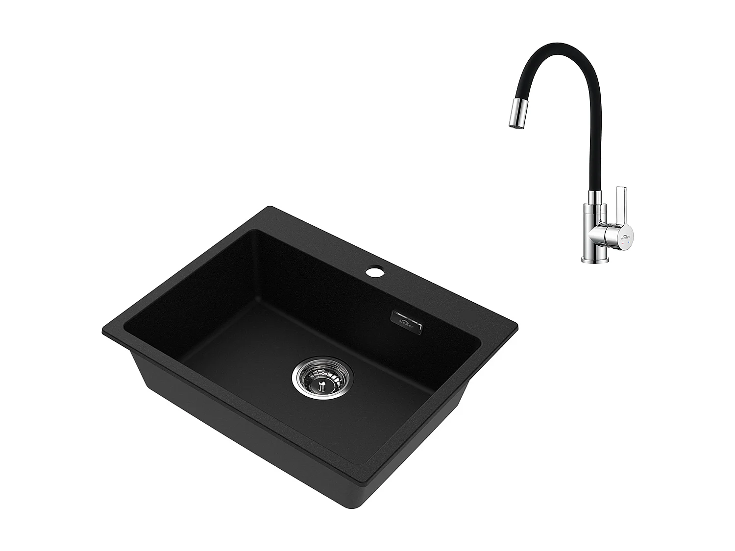 1 Bac Évier Cuisine en Granit,55*45*20cm,Kit de Vidage,Noir+Robinet de Cuisine Flexible Bec Haut Orientable