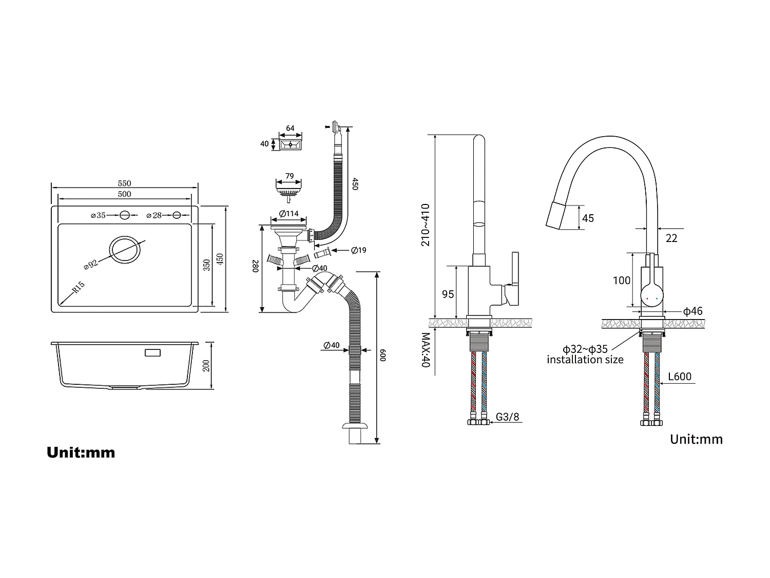 1 Bac Évier Cuisine en Granit,55*45*20cm,Kit de Vidage,Noir+Robinet de Cuisine Flexible Bec Haut Orientable