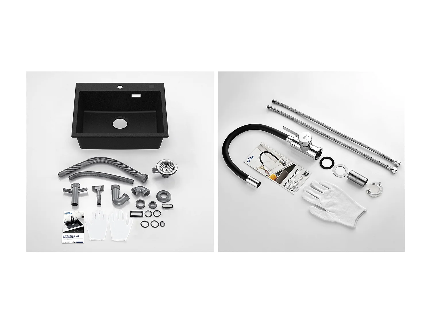 1 Bac Évier Cuisine en Granit,55*45*20cm,Kit de Vidage,Noir+Robinet de Cuisine Flexible Bec Haut Orientable