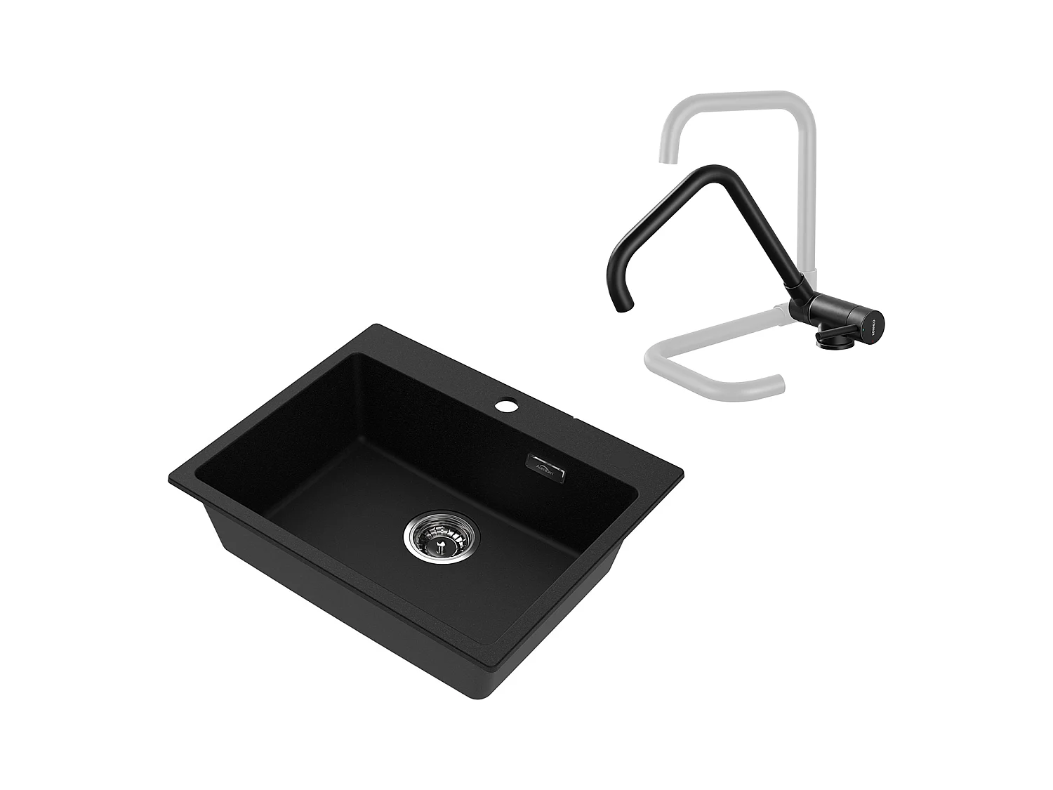 1 Bac Évier Cuisine en Granit,55*45*20cm,Kit de Vidage,Noir+Mitigeur Cuisine Rabattable Pivotant 360° Eau froid Chaud,Noir