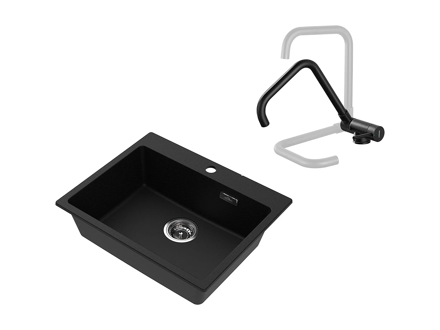 1 BAc Granieten Gootsteen, 55*45*20cm, Afvoerset, Zwart + Omklapbare Keukenmengkraan Draaibaar 360° Koud Water Warm, Zwart