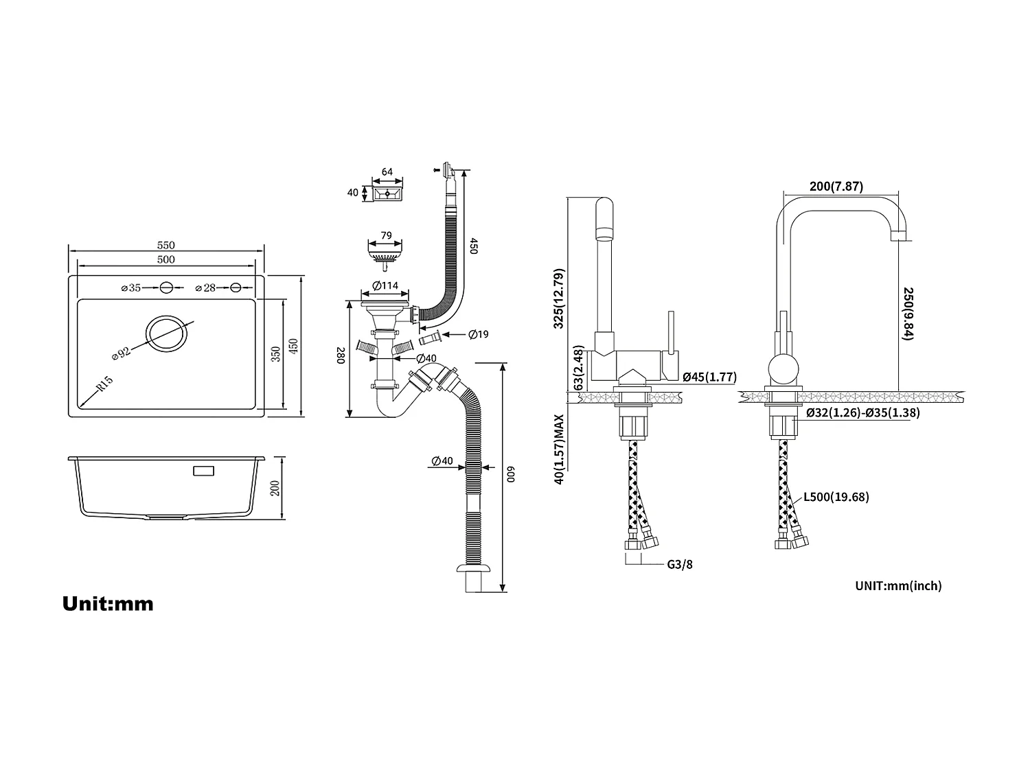 1 BAc Granieten Gootsteen, 55*45*20cm, Afvoerset, Zwart + Omklapbare Keukenmengkraan Draaibaar 360° Koud Water Warm, Zwart