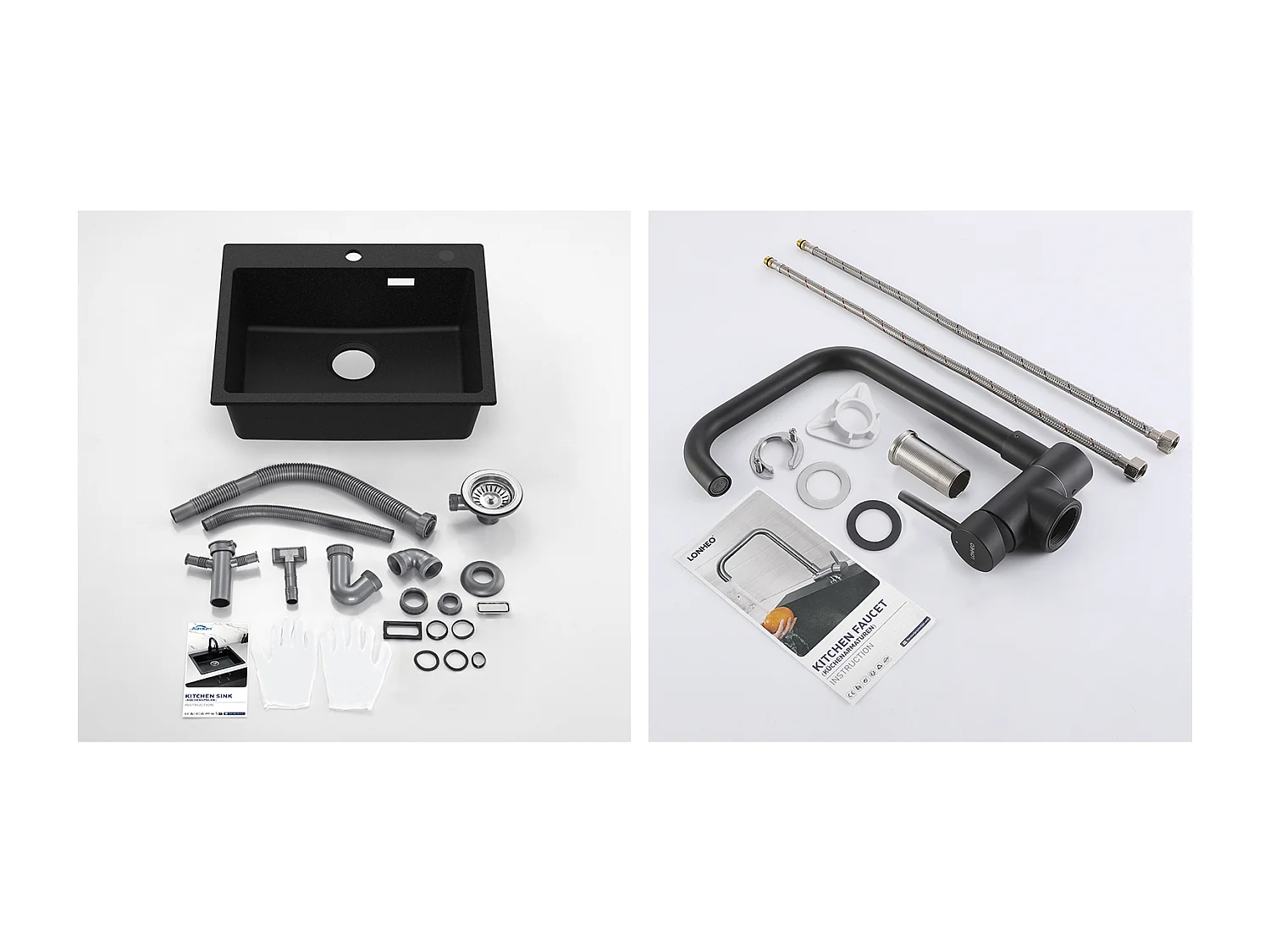 1 Bac Évier Cuisine en Granit,55*45*20cm,Kit de Vidage,Noir+Mitigeur Cuisine Rabattable Pivotant 360° Eau froid Chaud,Noir