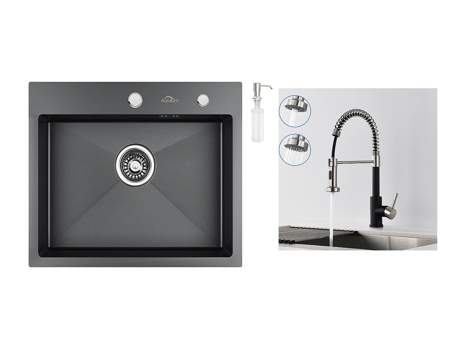 55 x 45 cm, schwarzes Einzelbecken, Küchenspüle + Feder-Küchenarmatur mit ausziehbarem Sprüher, 2 Modi, 360° schwenkbar, schwarz