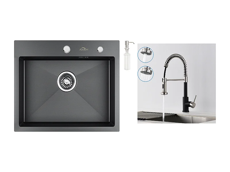 Aanrecht 1 Bak 55*45CM Zwart+Veren Keukenkraan met Uitschuifbare Handdouche, 2 Modi, 360° Draaibaar, Zwart