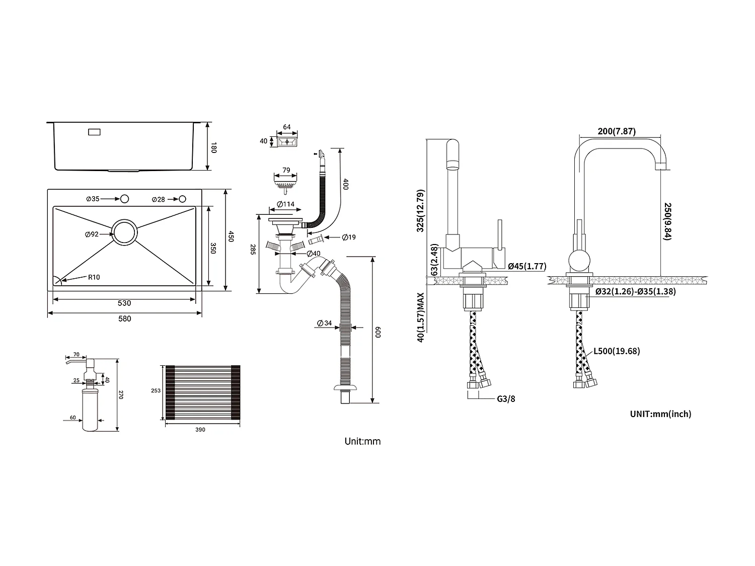 AuraLum Max Évier Cuisine 1 Bac Brossé,58*45*18CM,Égouttoir Énroulable, Distributeur Savon+Mitigeur Cuisine Rabattable Pivotant 360° Eau froid Chaud