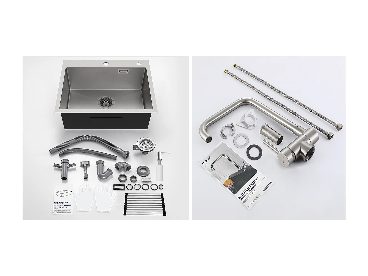 AuraLum Max Évier Cuisine 1 Bac Brossé,58*45*18CM,Égouttoir Énroulable, Distributeur Savon+Mitigeur Cuisine Rabattable Pivotant 360° Eau froid Chaud