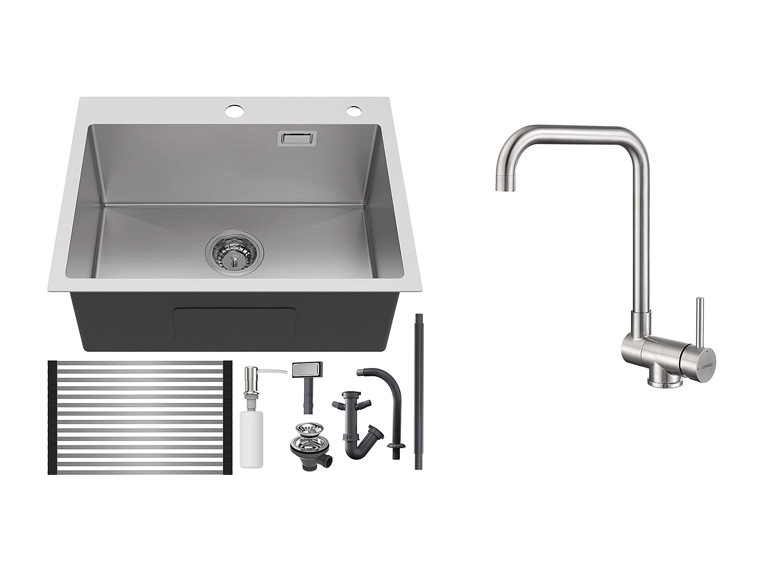 AuraLum Max Évier Cuisine 1 Bac Brossé,58*45*18CM,Égouttoir Énroulable, Distributeur Savon+Mitigeur Cuisine Rabattable Pivotant 360° Eau froid Chaud