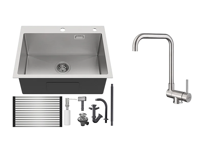 AuraLum Max Évier Cuisine 1 Bac Brossé,58*45*18CM,Égouttoir Énroulable, Distributeur Savon+Mitigeur Cuisine Rabattable Pivotant 360° Eau froid Chaud