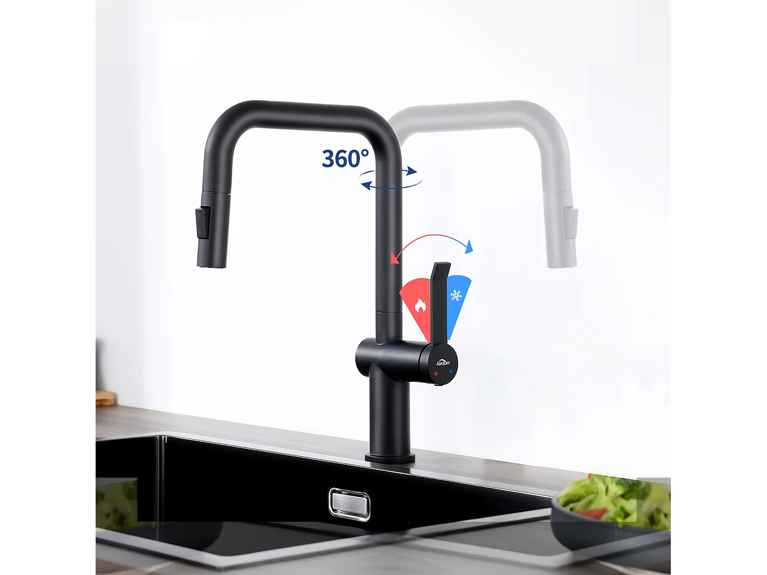 AuraLum Max 1 Bac Évier Cuisine en Granit,55*45*20cm,Kit de Vidage,Noir+Robinet de Cuisine avec Douchette Extractible Rotatif 360 °2 Fonct,EU Modèle