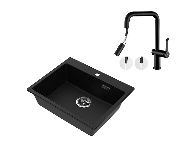 AuraLum Max 1 Bac Évier Cuisine en Granit,55*45*20cm,Kit de Vidage,Noir+Robinet de Cuisine avec Douchette Extractible Rotatif 360 °2 Fonct,EU Modèle