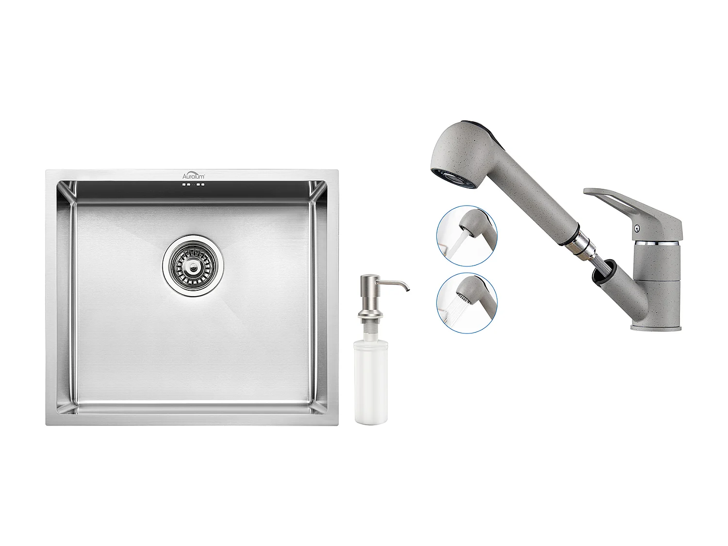 Évier de Cuisine Inox 1 Bac 50*43*18CM avec Distributeur de Savon+Robinet Cuisine avec Douchette Extractible 2 Jets,Eau Froide/ Chaude,Gris