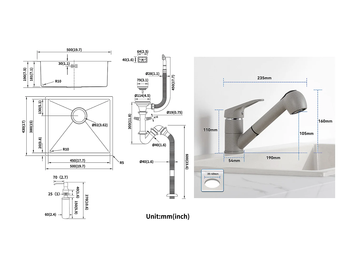 Évier de Cuisine Inox 1 Bac 50*43*18CM avec Distributeur de Savon+Robinet Cuisine avec Douchette Extractible 2 Jets,Eau Froide/ Chaude,Gris