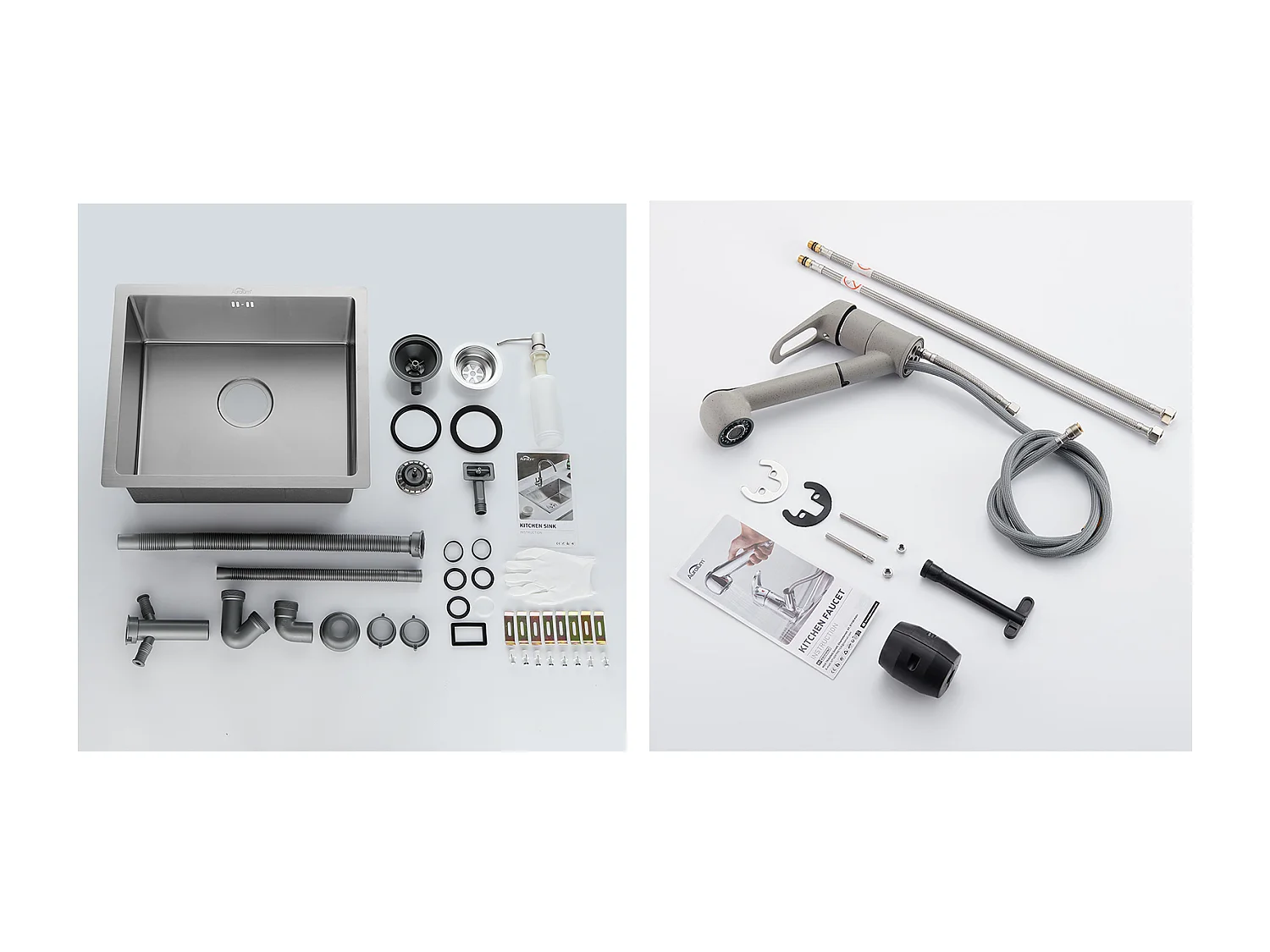 Évier de Cuisine Inox 1 Bac 50*43*18CM avec Distributeur de Savon+Robinet Cuisine avec Douchette Extractible 2 Jets,Eau Froide/ Chaude,Gris