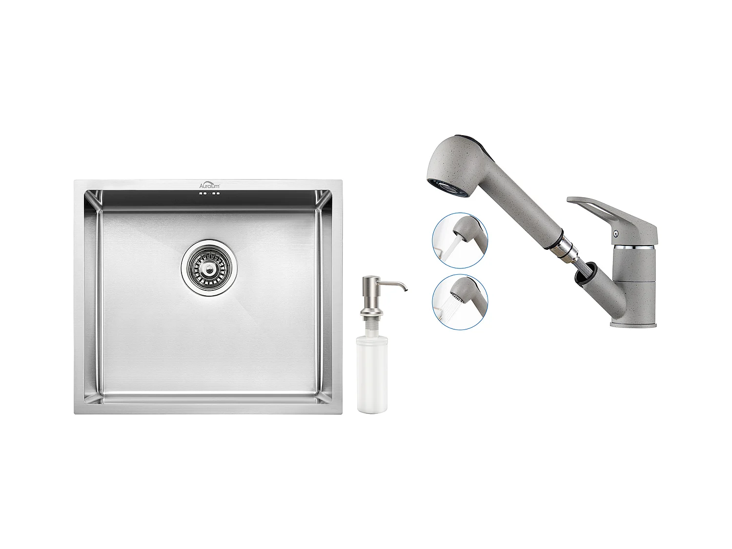 Évier de Cuisine Inox 1 Bac 50*43*18CM avec Distributeur de Savon+Robinet Cuisine avec Douchette Extractible 2 Jets,Eau Froide/ Chaude,Gris