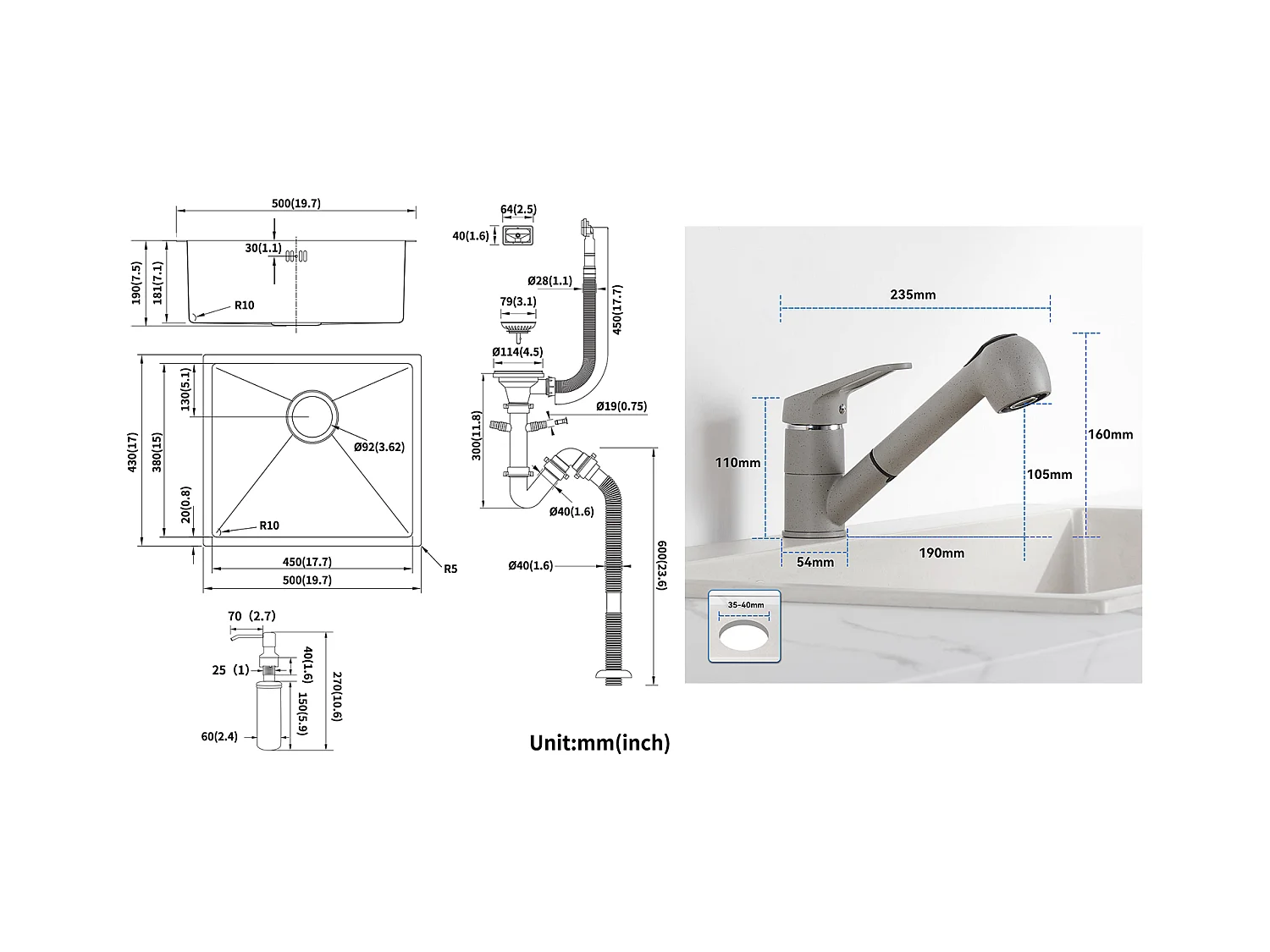 Évier de Cuisine Inox 1 Bac 50*43*18CM avec Distributeur de Savon+Robinet Cuisine avec Douchette Extractible 2 Jets,Eau Froide/ Chaude,Gris