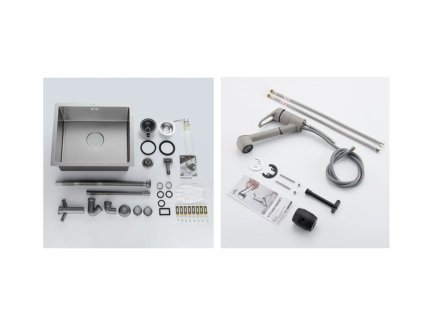 Évier de Cuisine Inox 1 Bac 50*43*18CM avec Distributeur de Savon+Robinet Cuisine avec Douchette Extractible 2 Jets,Eau Froide/ Chaude,Gris
