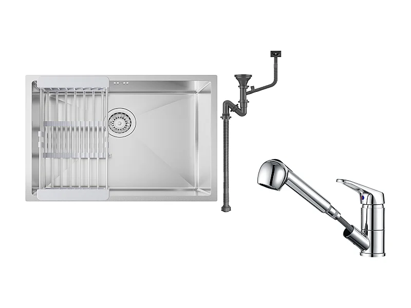 Évier Cuisine 1 Bac 60*44*20CM,inox 304,à Encastrer/sous-plan avec Panier Drainage,Nano Silver+Mitigeur Cuisine avec Douchette Extractible,Chromé