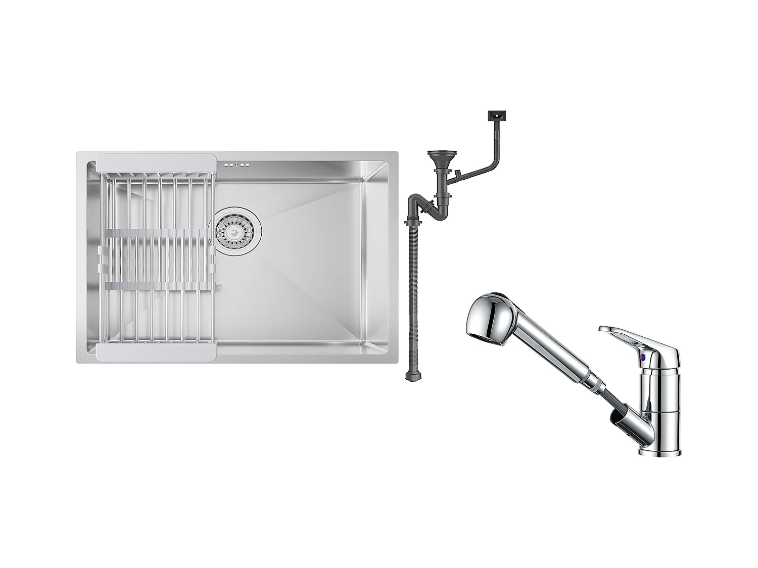 Évier Cuisine 1 Bac 60*44*20CM,inox 304,à Encastrer/sous-plan avec Panier Drainage,Nano Silver+Mitigeur Cuisine avec Douchette Extractible,Chromé