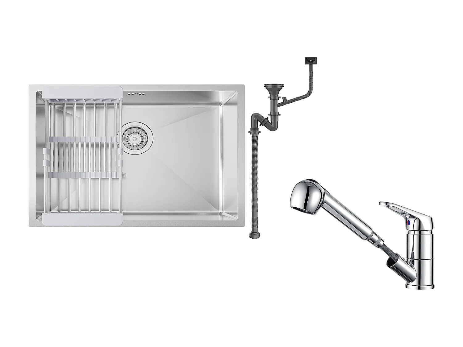 Aanrecht Keuken 1 Bak 60*44*20CM, roestvrij x 304, inbouw/ondergrond met afvoermand, Nano Silver+keukenmengkraan met uittrekbare handdouche, verchroomd
