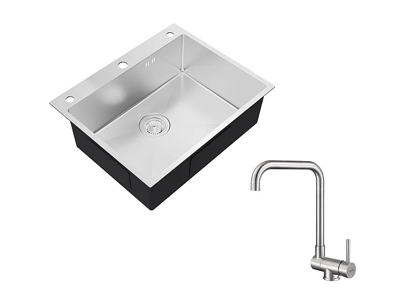 Auralum max Inbouw Keukenspoelbak,1 Bak,60*49*20CM,Spoelbak 1 Kom in 304 RVS,Zilver+Opklapbare Keukenmengkraan Draaibaar 360° Koud Water Warm