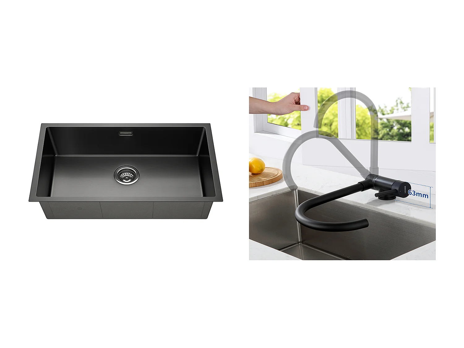 Évier Cuisine 1 Bac 74*44*20CM,en Inox Brossé avec Siphon et Trop-Plein+Mitigeur Cuisine en Acier Inox 304 Rabattable Pivotant à 360° ,Noir