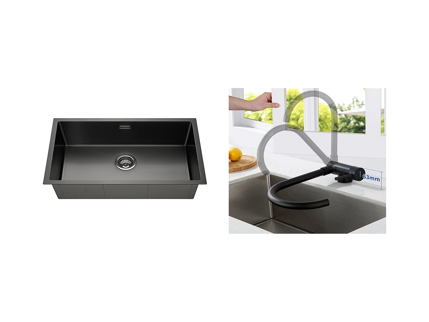 Fregadero Cocina 1 Bandeja 74*44*20CM, en Inox Cepillado con SiphOn y Trop-Plein + Mezclador de cocina de acero inoxidable 304 Plegable, negro