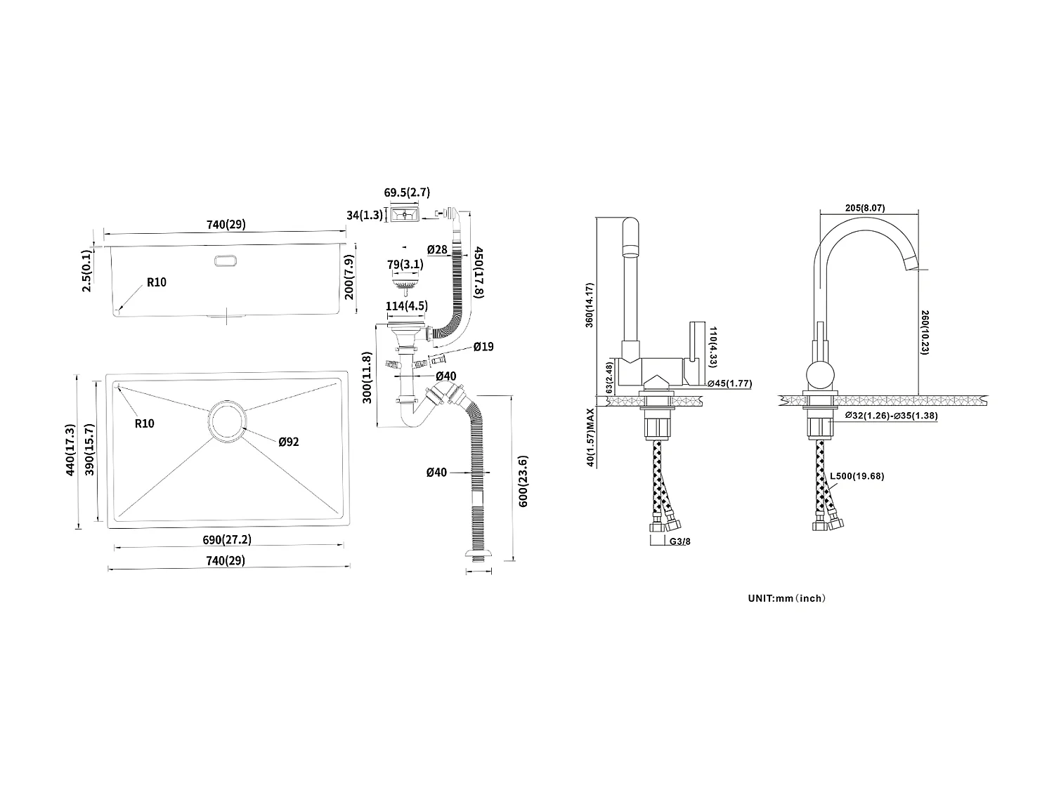 Lavello Cucina 1 Vassoio 74*44*20CM, in Acciaio Inox Spazzolato con Siphon/Troppo pieno+Miscelatore da cucina inossidabile 304 pieghevole,nero