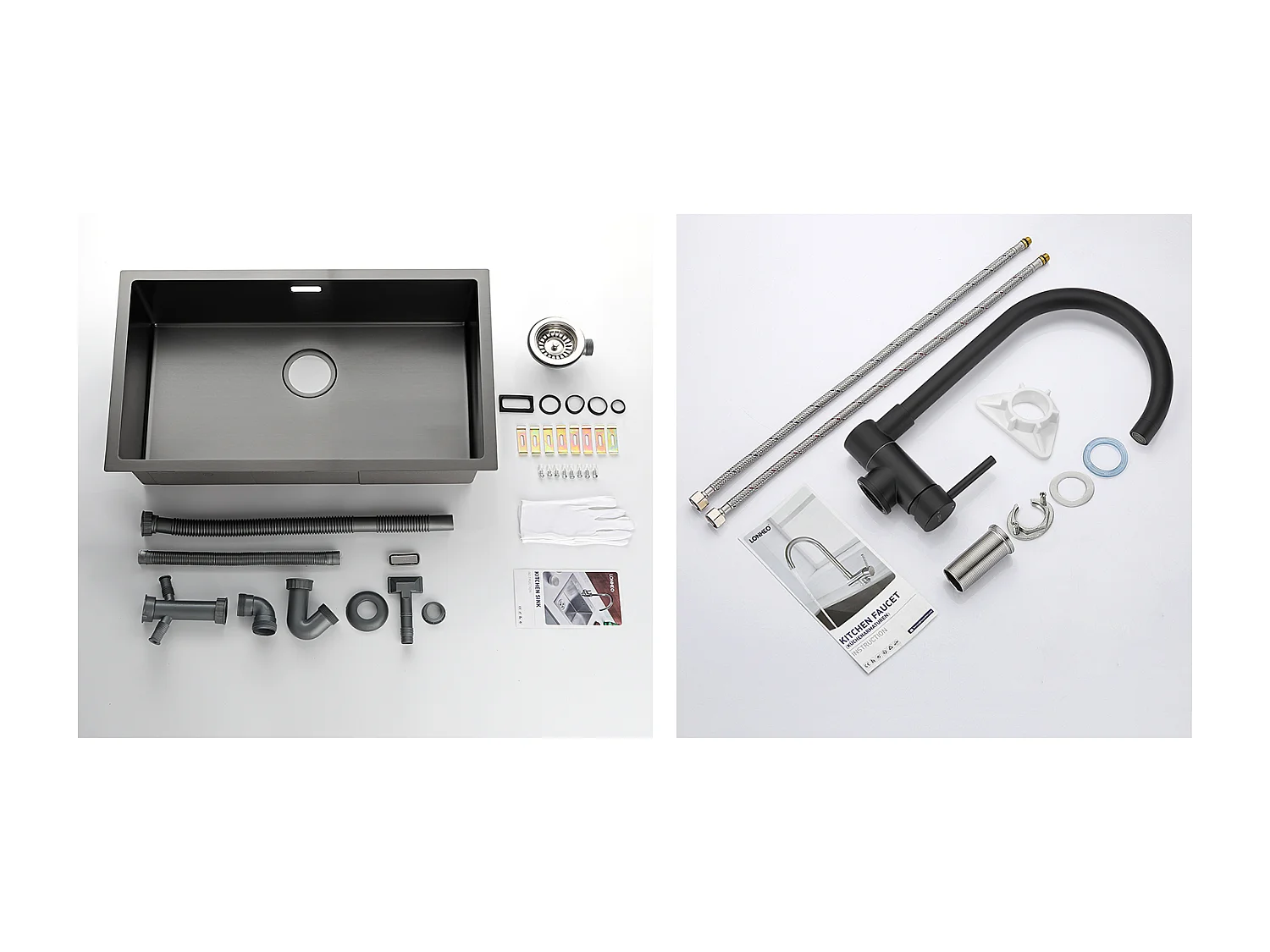 Lavello Cucina 1 Vassoio 74*44*20CM, in Acciaio Inox Spazzolato con Siphon/Troppo pieno+Miscelatore da cucina inossidabile 304 pieghevole,nero