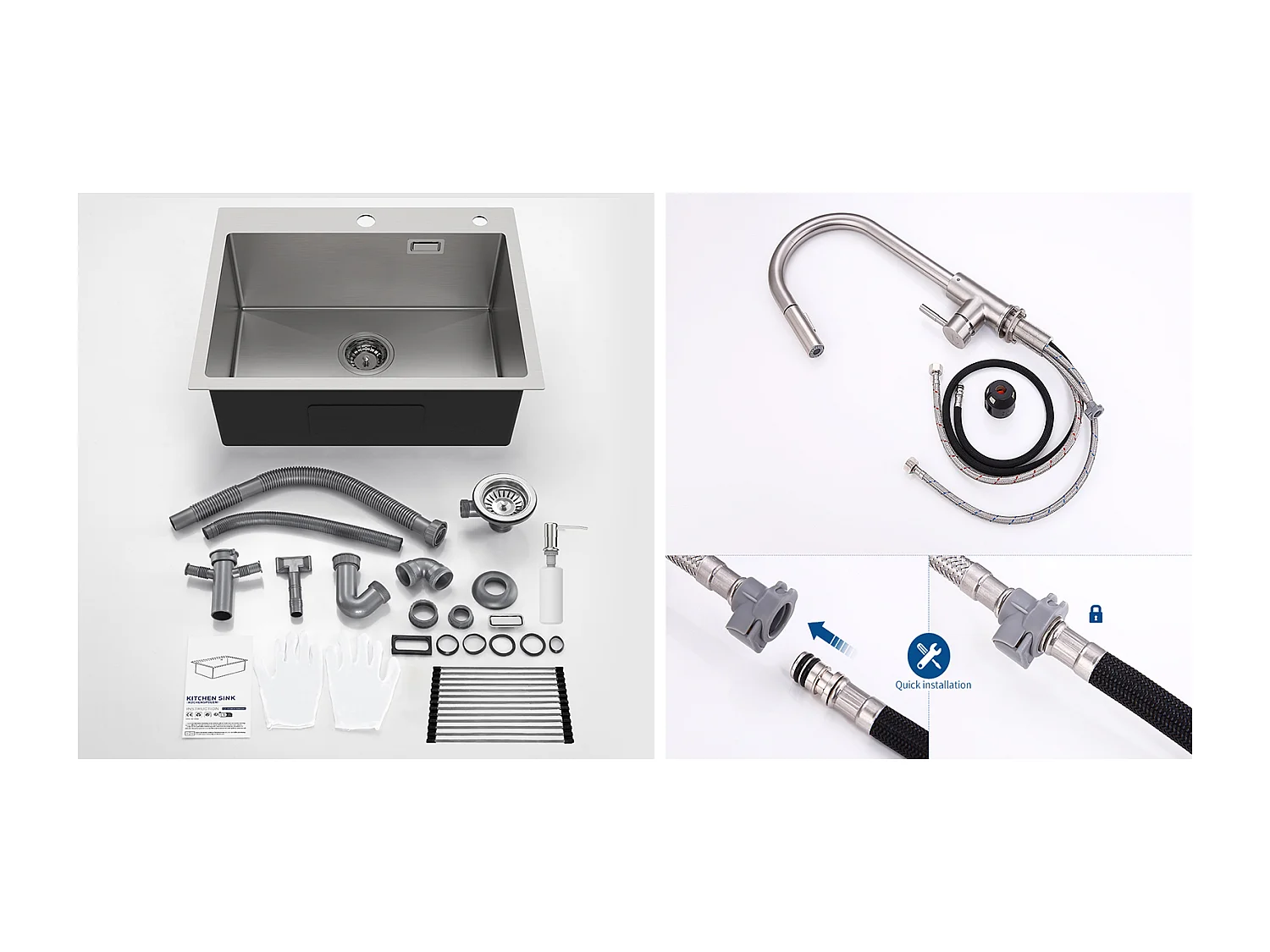 Évier Cuisine 1 Bac,58*45*18CM,Égouttoir Énroulable,Distributeur Savon+Mitigeur Cuisine avec Douchette Extensible,Rotatif 360° 2Modes,Brossé