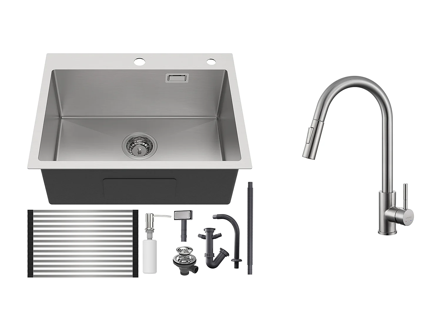 Évier Cuisine 1 Bac,58*45*18CM,Égouttoir Énroulable,Distributeur Savon+Mitigeur Cuisine avec Douchette Extensible,Rotatif 360° 2Modes,Brossé