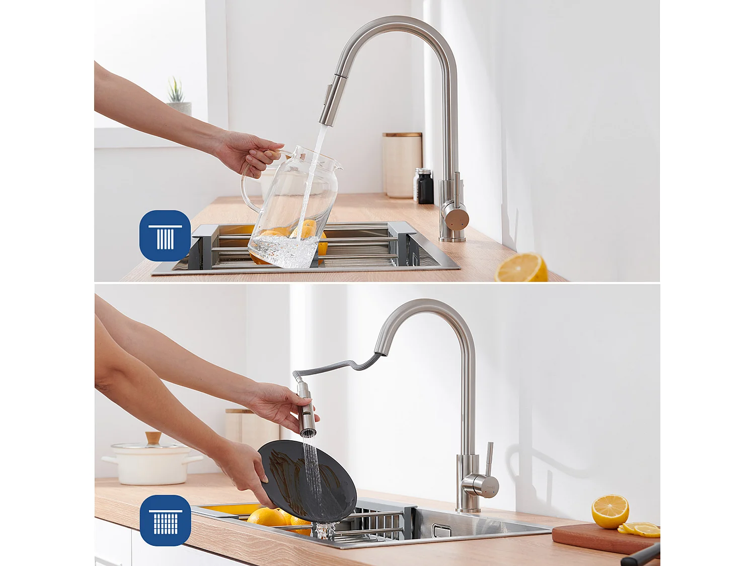 Évier Cuisine 1 Bac,58*45*18CM,Égouttoir Énroulable,Distributeur Savon+Mitigeur Cuisine avec Douchette Extensible,Rotatif 360° 2Modes,Brossé