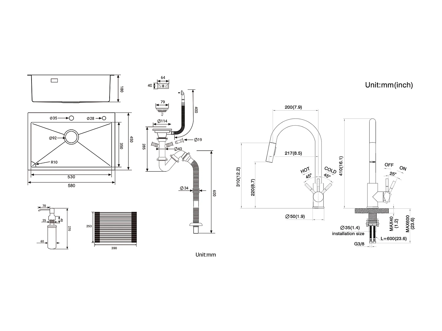 Évier Cuisine 1 Bac,58*45*18CM,Égouttoir Énroulable,Distributeur Savon+Mitigeur Cuisine avec Douchette Extensible,Rotatif 360° 2Modes,Brossé