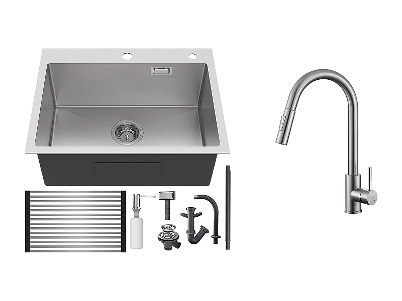 Évier Cuisine 1 Bac,58*45*18CM,Égouttoir Énroulable,Distributeur Savon+Mitigeur Cuisine avec Douchette Extensible,Rotatif 360° 2Modes,Brossé